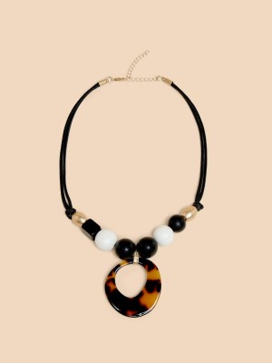 Black Multi White Stuff Lilium Suede Bead Necklace | 80963RLAY