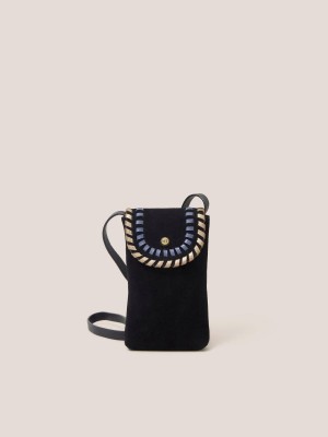 Black Multi White Stuff Whipstitch Leather Phone Bag | 13947TRCA