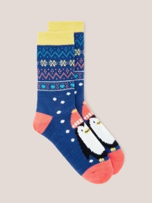 Blue Multi White Stuff Penguin Fairisle Cabin Socks | 26379SDNJ