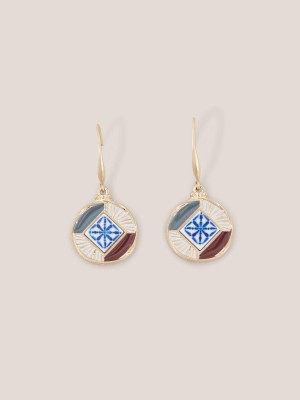 Gold Tone Metallic White Stuff Circular Mosaic Tile Earrings | 86032KJIY