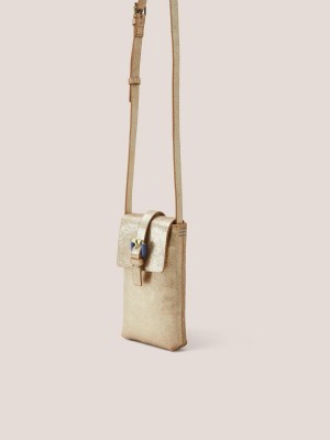 Gold Tone Metallic White Stuff Clara Buckle Leather Phone Bag | 37169HOVE