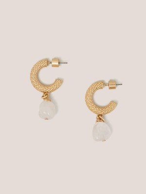 Gold Tone Metallic White Stuff Textured Hoop Stone Earrings | 40281MGPK