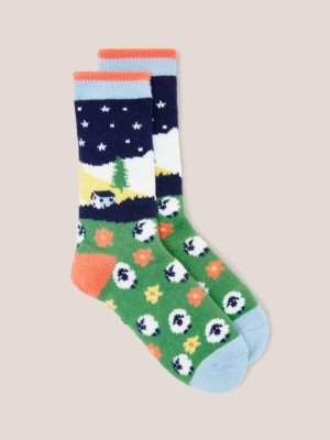 Green Multi White Stuff Sheep Scenic Cabin Socks | 12937DVIT