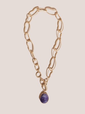 Mid Purple White Stuff Chain Tbar Stone Necklace | 96801QTMI