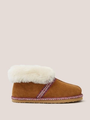 Mid Tan White Stuff Suede Shearling Slipper Bootie | 10362LTBD