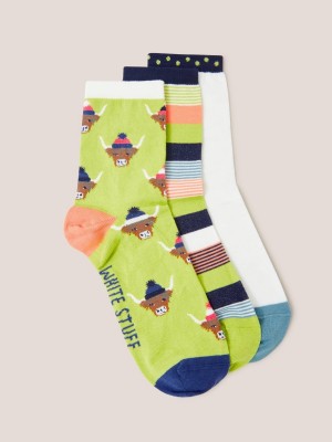 Navy Multi White Stuff 3 Pack Cow Ankle Socks | 12390PSJD