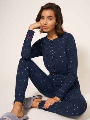 Navy Multi White Stuff Geo Printed Henley Pj Top | 89014NSIO