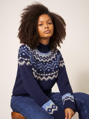 Navy Multi White Stuff Heart Longline Fairisle Jumper | 87591JGFD