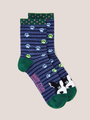 Navy Multi White Stuff Paw Stripe Dog Ankle Socks | 73459WSGM