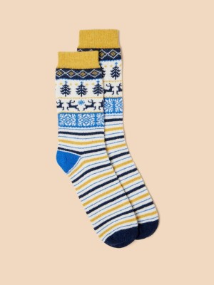 Navy Multi White Stuff Reindeer Wool Mix Socks | 84963HJSO