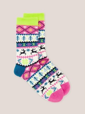 Pink Multi White Stuff Reindeer Fairisle Cabin Socks | 18642FGVI