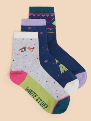 Teal Multi White Stuff 3 Pack Christmas Ankle Socks | 50389OYFC