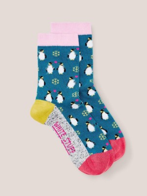 Teal Multi White Stuff Fluffy Penguin Socks | 24053NUSO