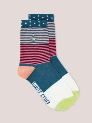 Teal Multi White Stuff Stripe Xmas Tree Ankle Socks | 97631ANPV