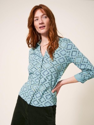 Teal Print White Stuff Annie Cotton Jersey Shirt | 63741VHXA