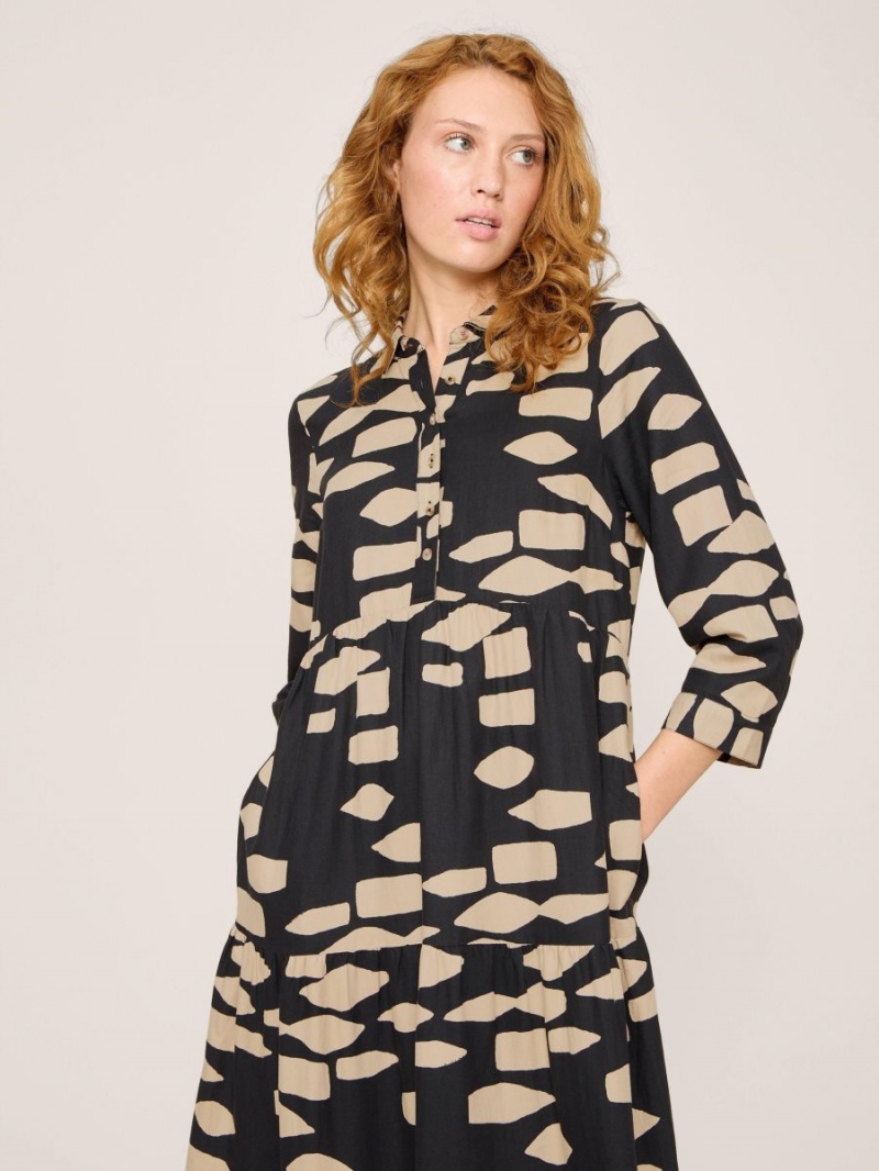 Black Print White Stuff Maya Tiered Shirt Dress | 90653CPWQ