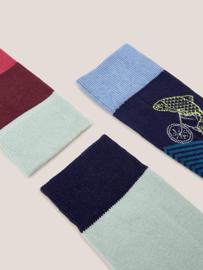 Blue Multi White Stuff 3 Pack Fish Bike Ankle Socks | 92875CQSX