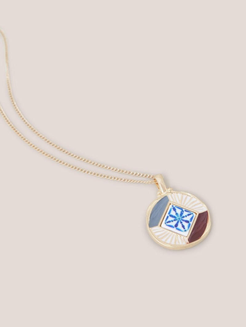 Blue Multi White Stuff Circular Mosaic Tile Necklace | 57364AURE