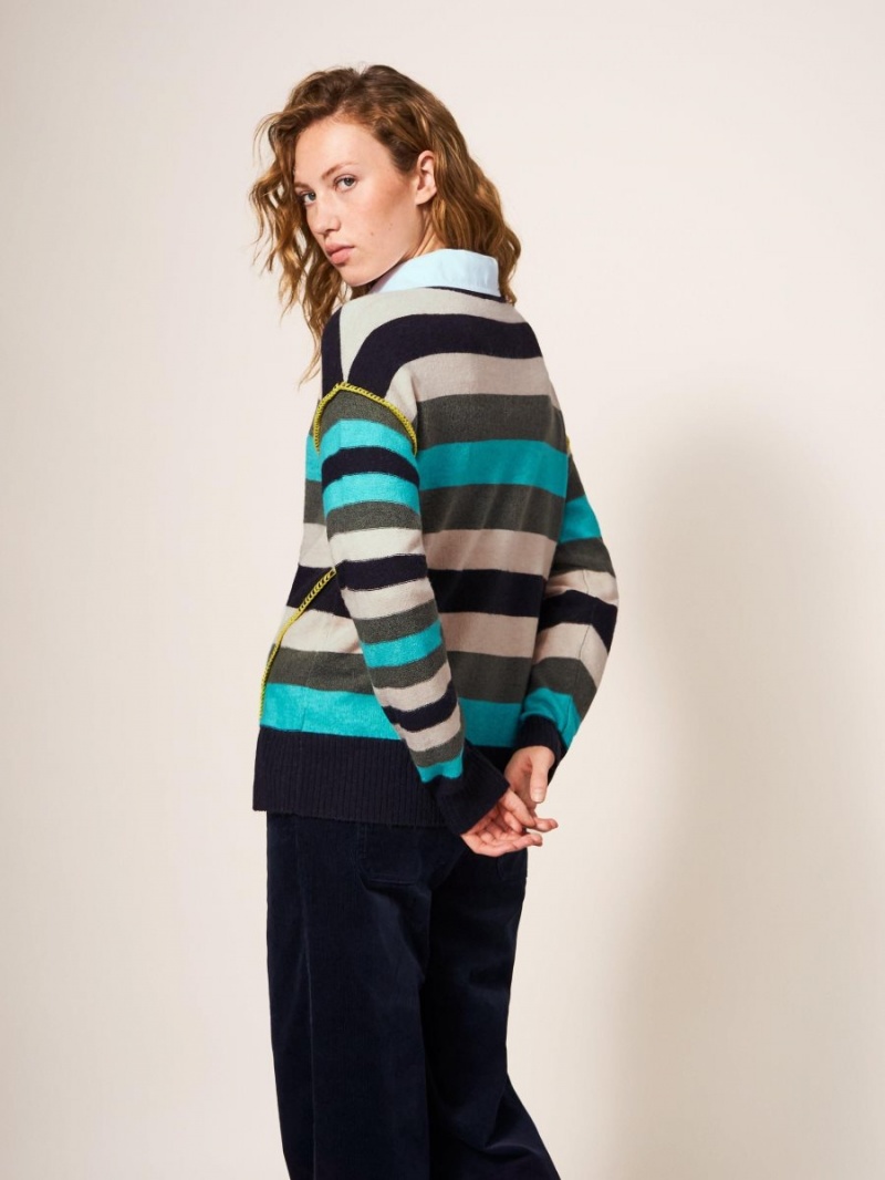 Blue Multi White Stuff Ripple Knitted Crew Neck Jumper | 35980VMSL