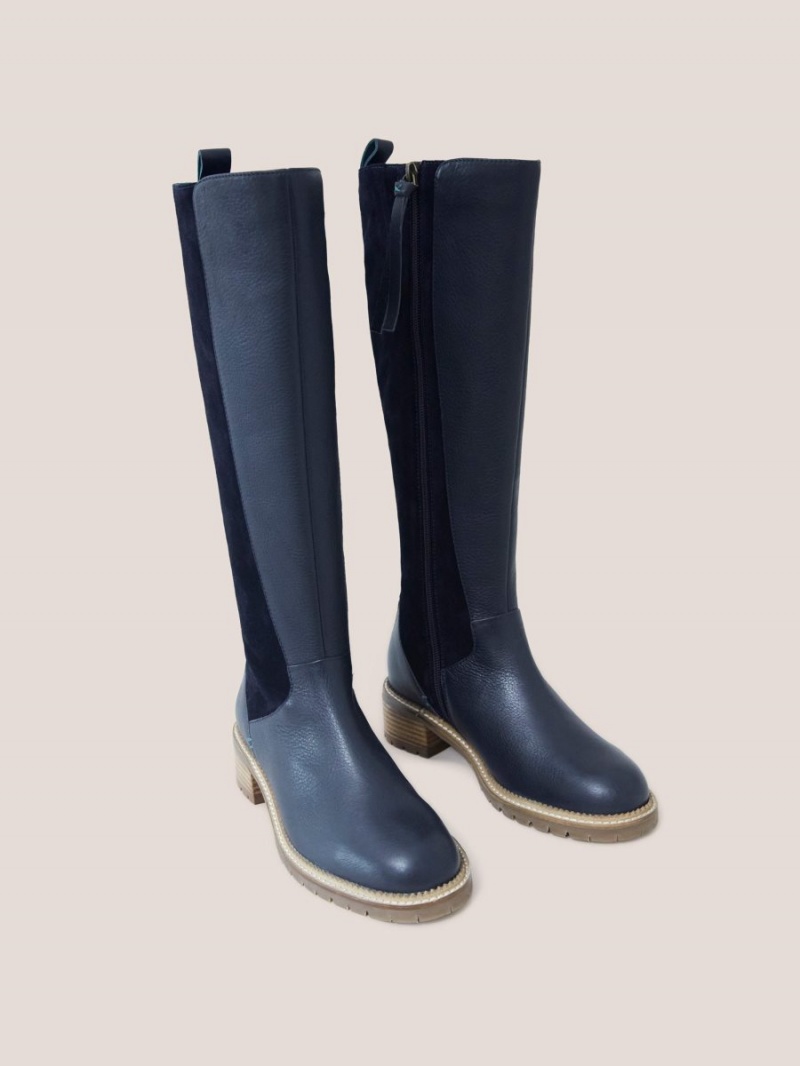 Dark Navy White Stuff Leather Serena Knee High Boot | 35081FJBG