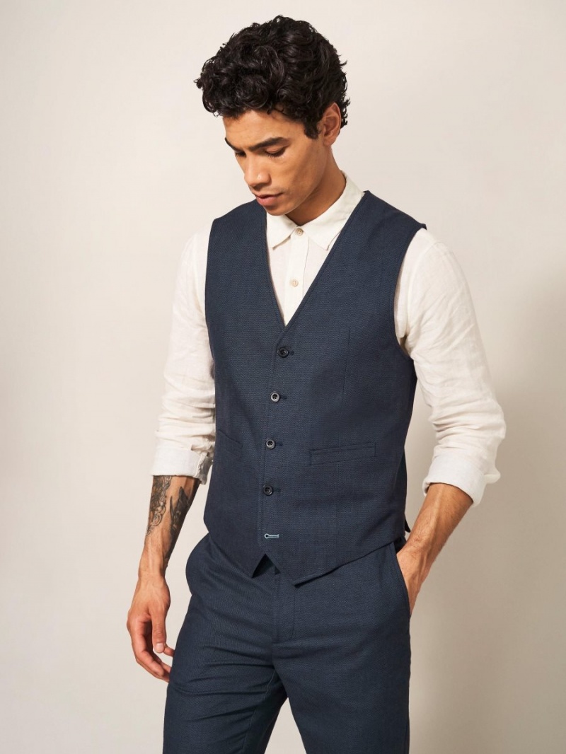 French Navy White Stuff Abbot Linen Regular Fit Waistcoat | 69042RGCB