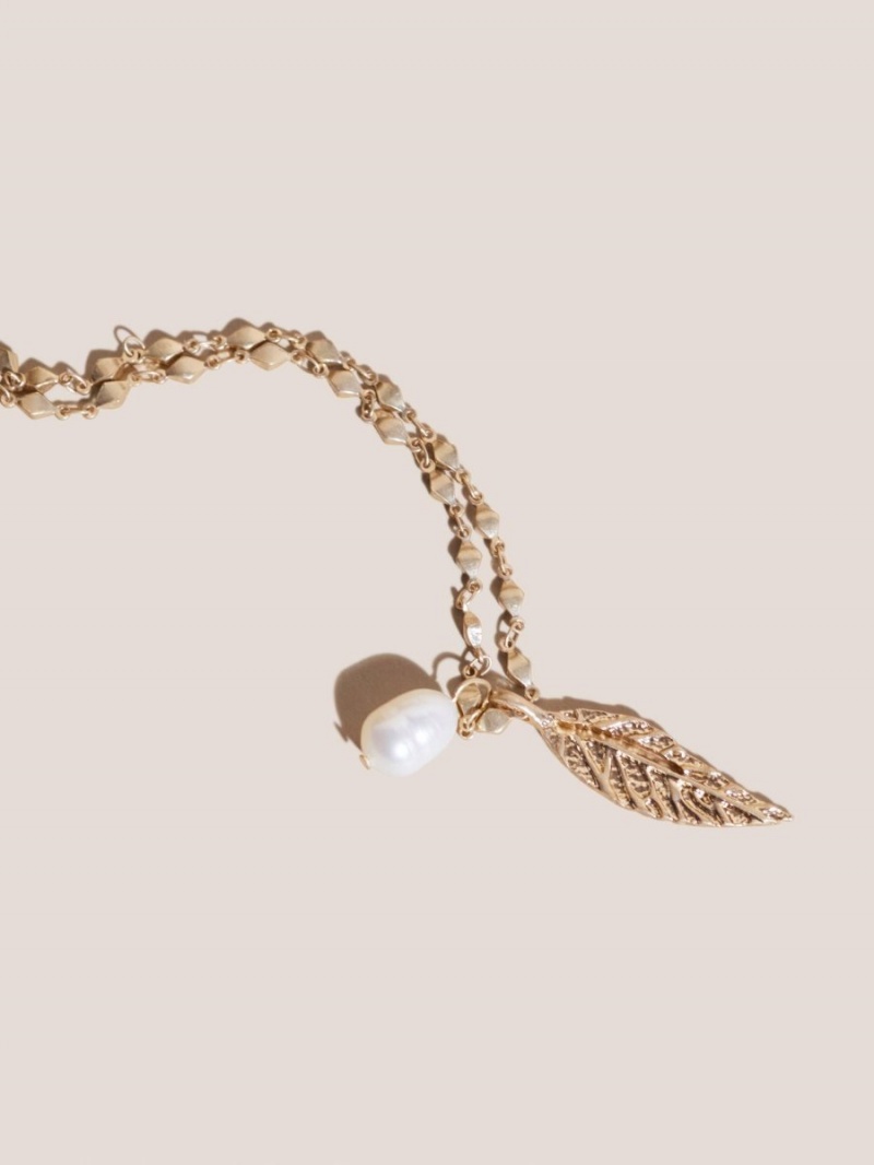 Gold Tone Metallic White Stuff Double Row Pearl Leaf Necklace | 61345QMNB