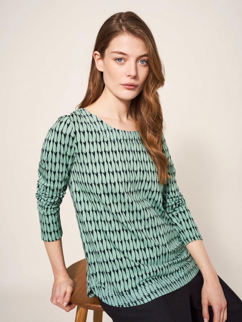 Green Multi White Stuff Long Sleeve Weaver Tee | 20957AGRP