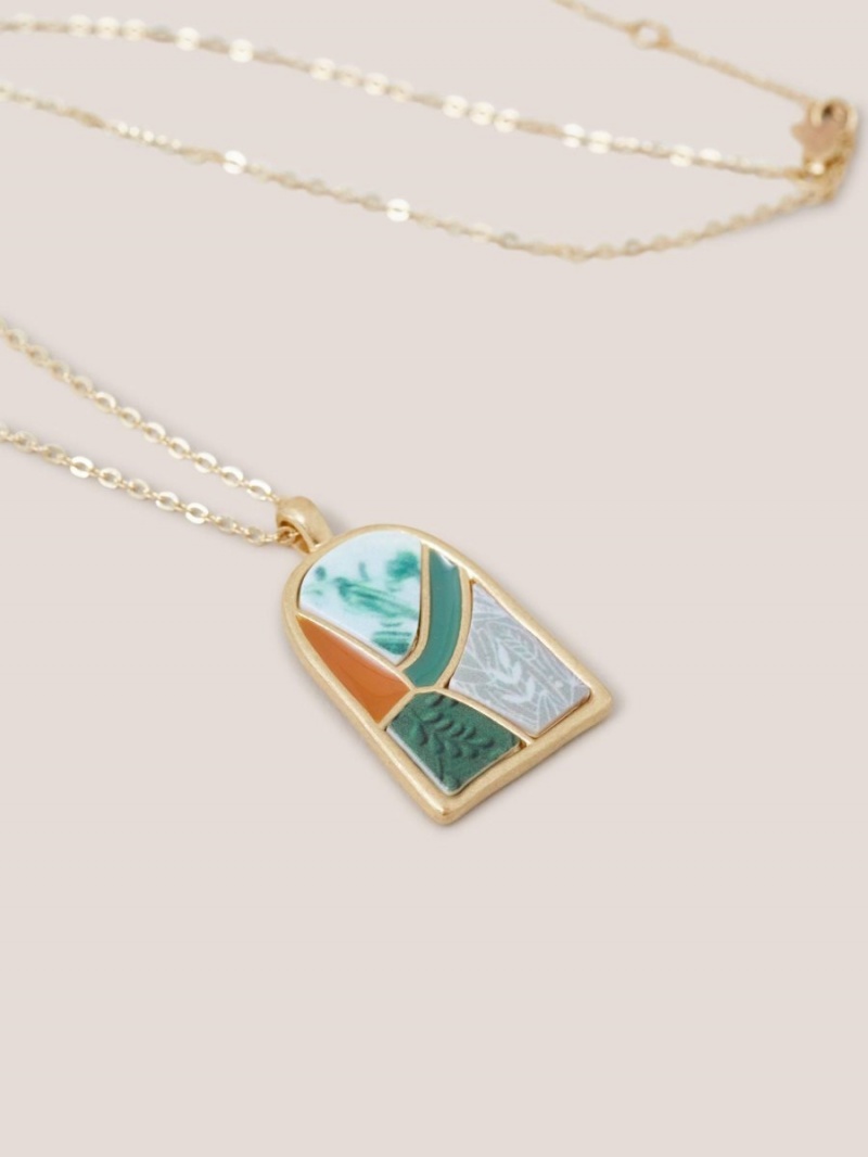 Green Multi White Stuff Pebble Mosaic Tile Necklace | 96058JKES