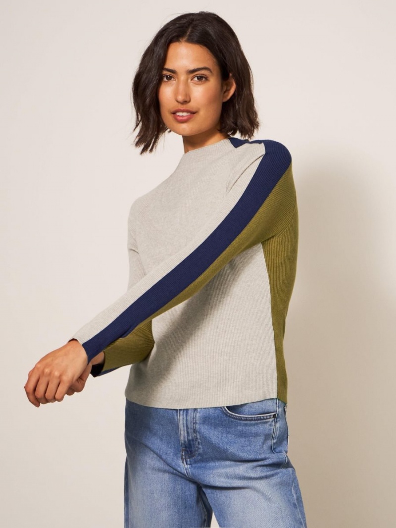 Green Multi White Stuff Pop Rib Long Sleeve Jumper | 42538VFBD