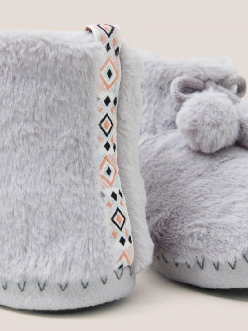 Light Grey White Stuff Faux Fur Bootie Slipper | 25097WCLB