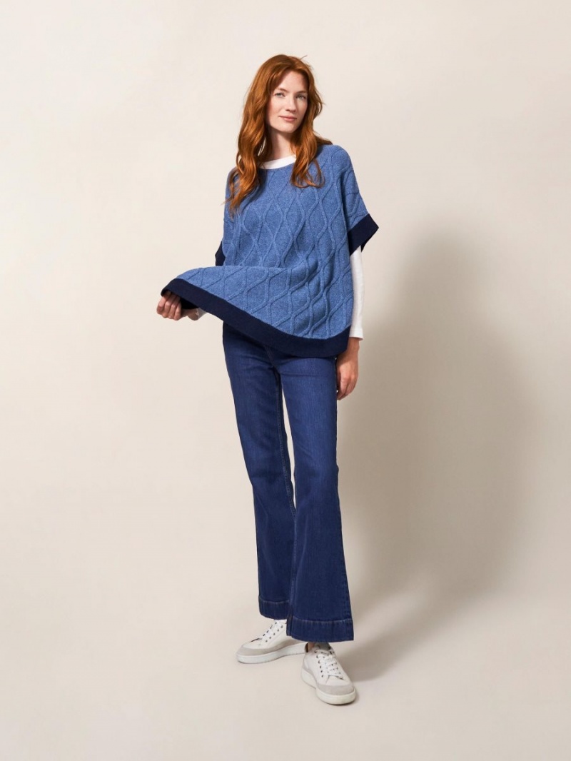 Mid Blue White Stuff Fern Knitted Casual Poncho | 21346LNZM