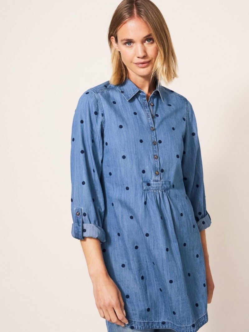 Mid Denim White Stuff Eva Embroidered Denim Tunic | 54239ODPU