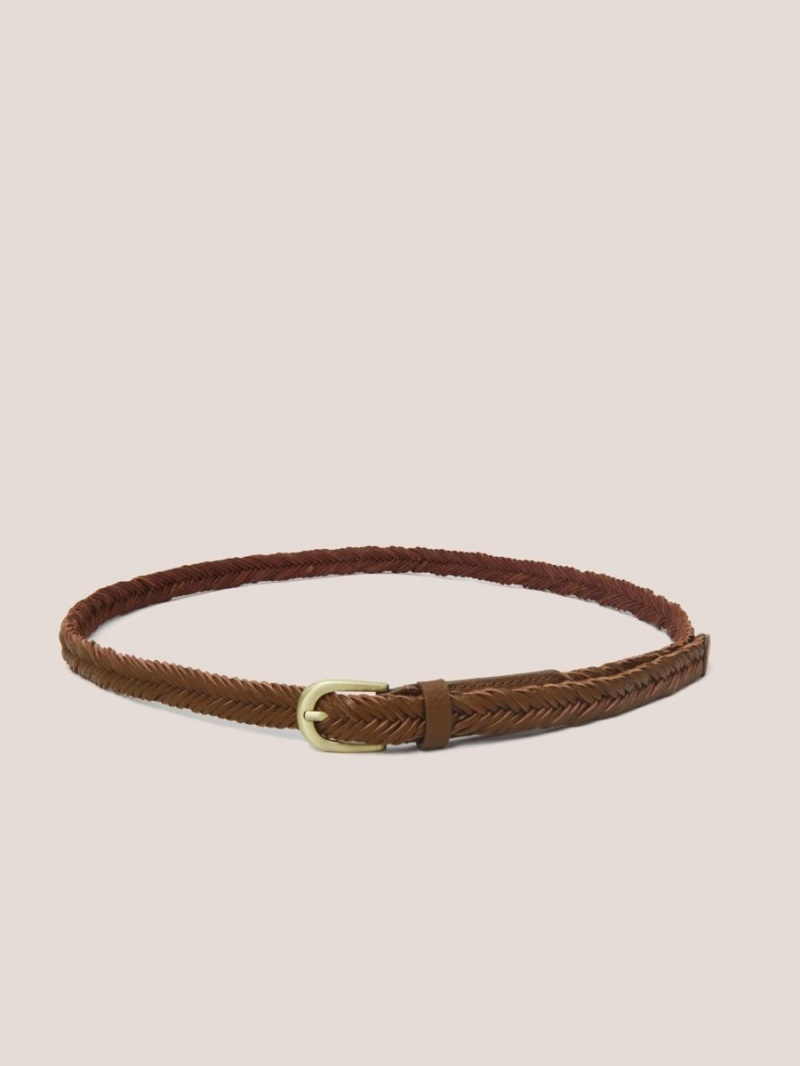 Mid Tan White Stuff Plaited Leather Skinny Belt | 62437HBTS