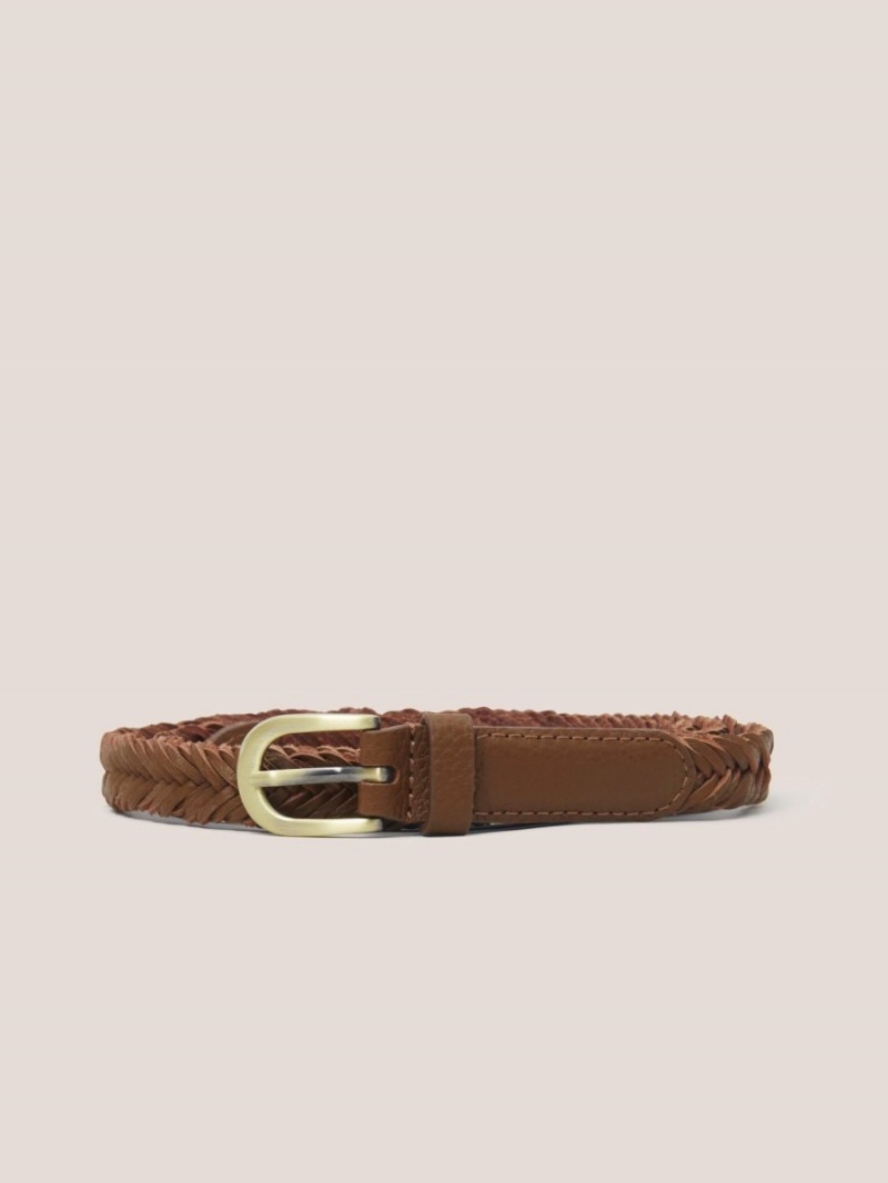 Mid Tan White Stuff Plaited Leather Skinny Belt | 62437HBTS