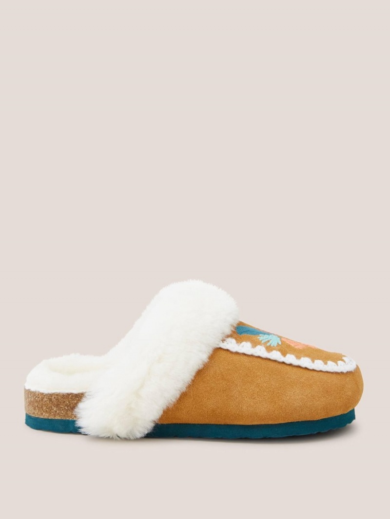 Mid Tan White Stuff Suede Shearling Mule Slipper | 49718ZDRQ