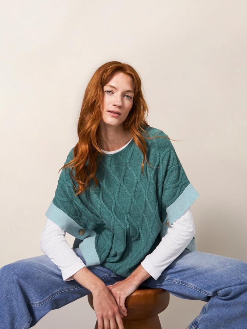 Mid Teal White Stuff Fern Knitted Casual Poncho | 24815TFGD