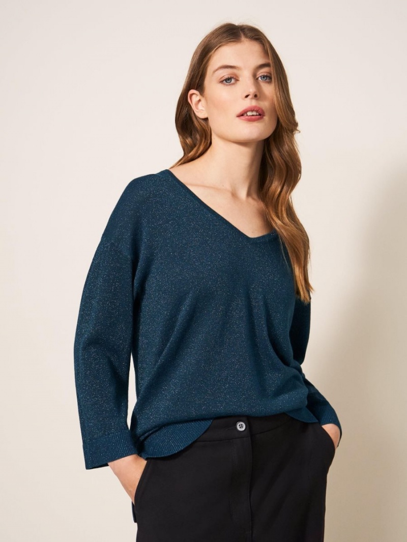 Mid Teal White Stuff Night Sky V Neck Jumper | 56471JHVD