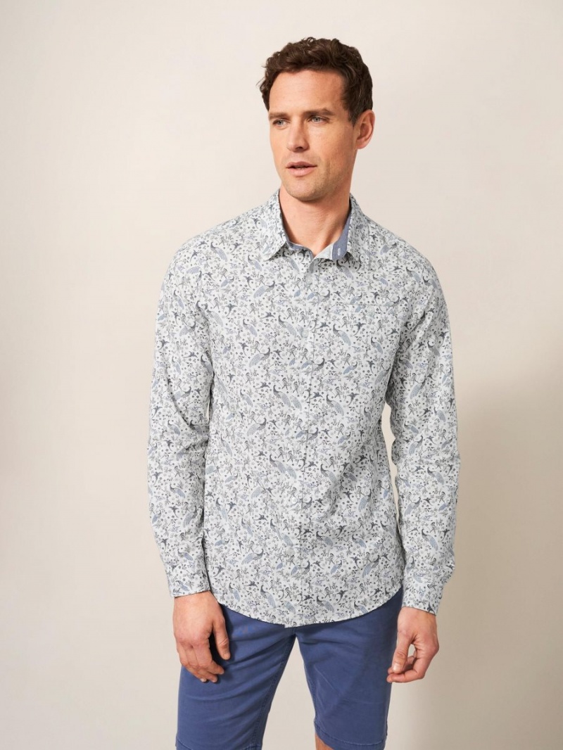 Natural White White Stuff Peacock Printed Slim Fit Shirt | 72950BOKG