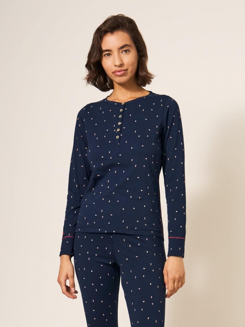 Navy Multi White Stuff Geo Printed Henley Pj Top | 89014NSIO