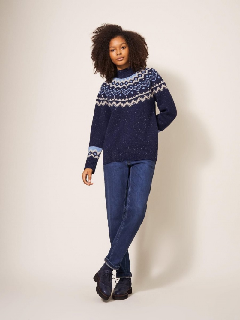 Navy Multi White Stuff Heart Longline Fairisle Jumper | 87591JGFD