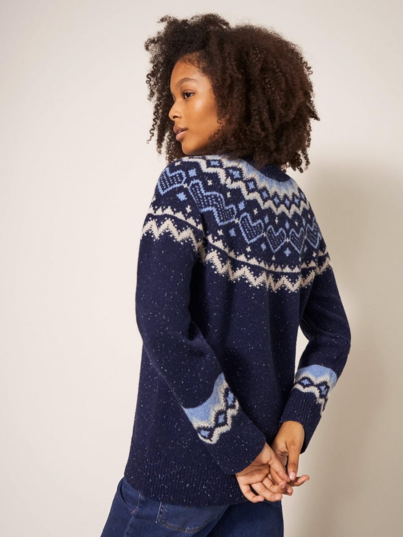 Navy Multi White Stuff Heart Longline Fairisle Jumper | 87591JGFD