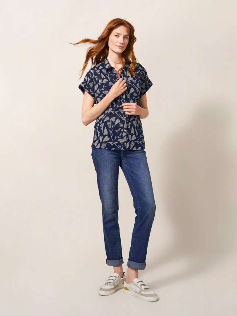 Navy Print White Stuff Ella Organic Cotton Shirt | 30521OKZY