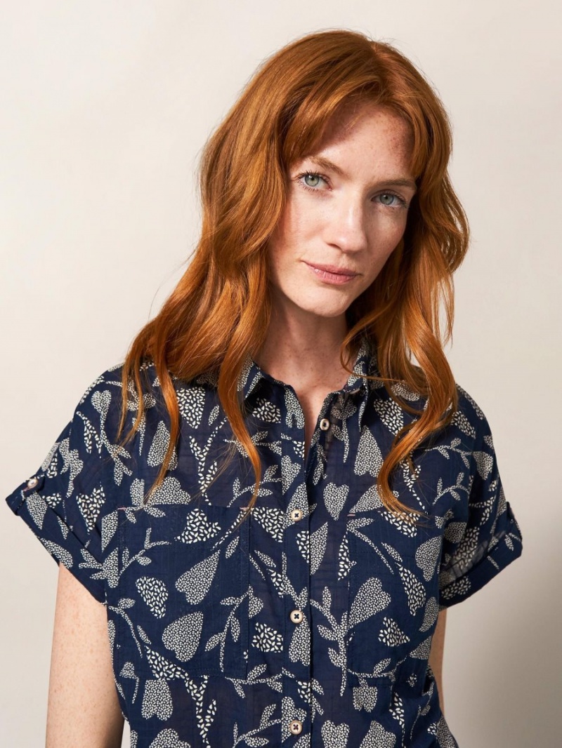 Navy Print White Stuff Ella Organic Cotton Shirt | 30521OKZY