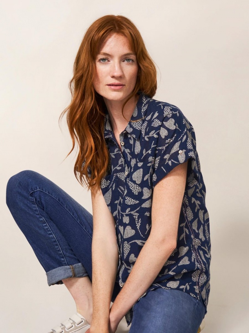 Navy Print White Stuff Ella Organic Cotton Shirt | 30521OKZY