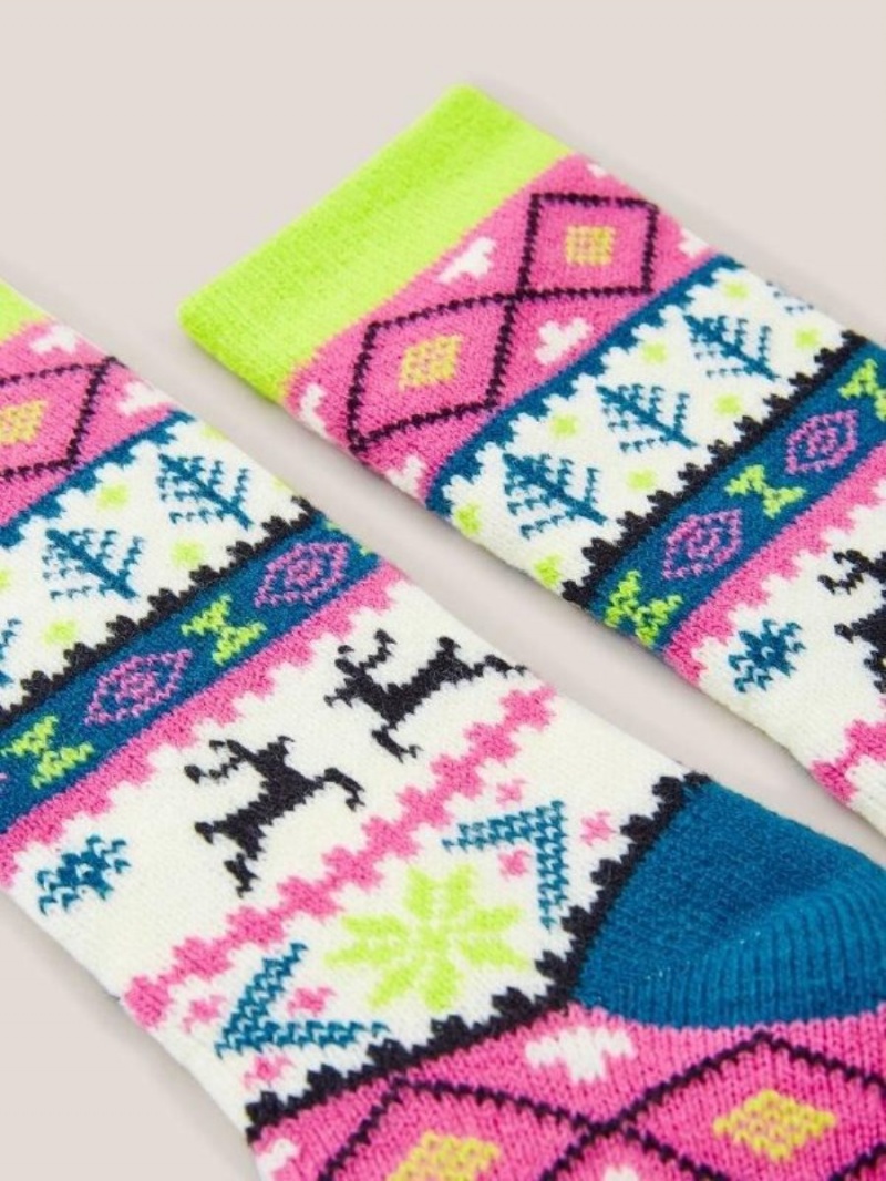 Pink Multi White Stuff Reindeer Fairisle Cabin Socks | 18642FGVI