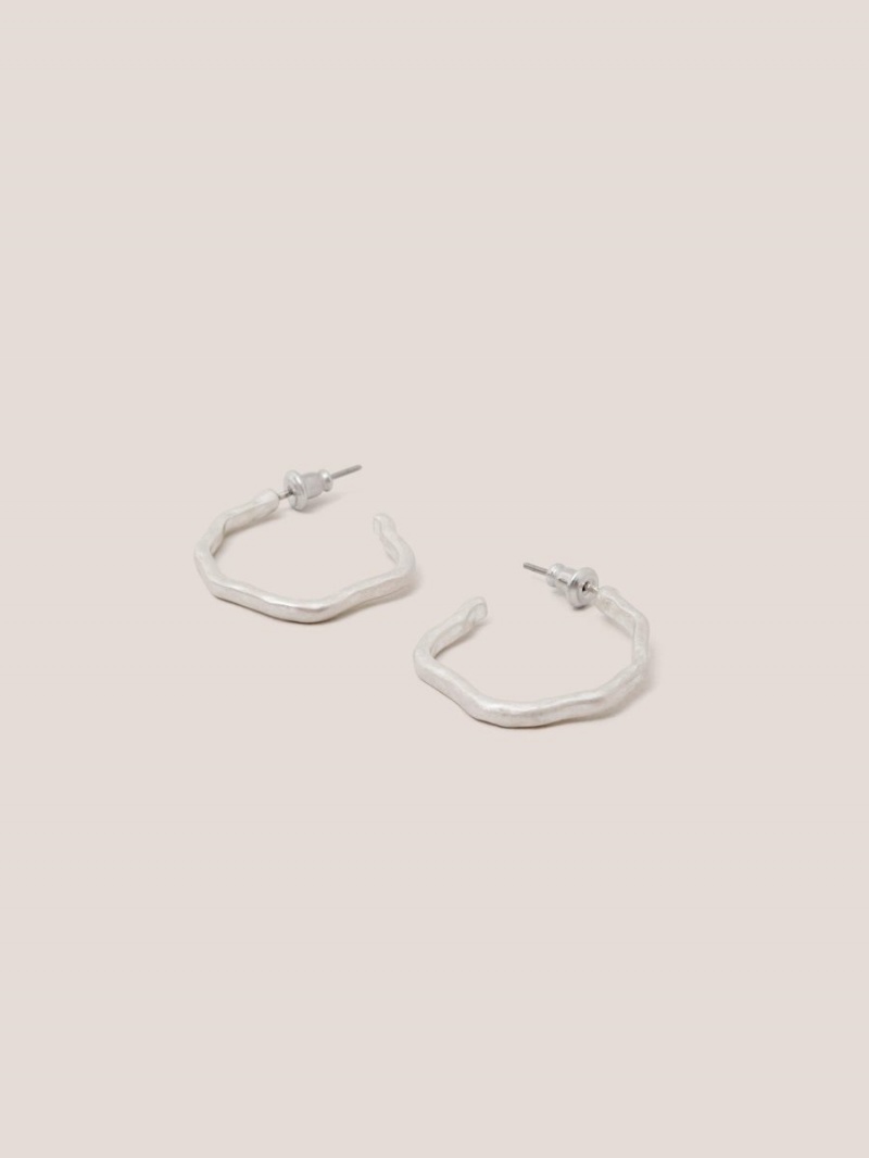 Silver Tone Metallic White Stuff Abstract Hoop Earrings | 83649DQHJ