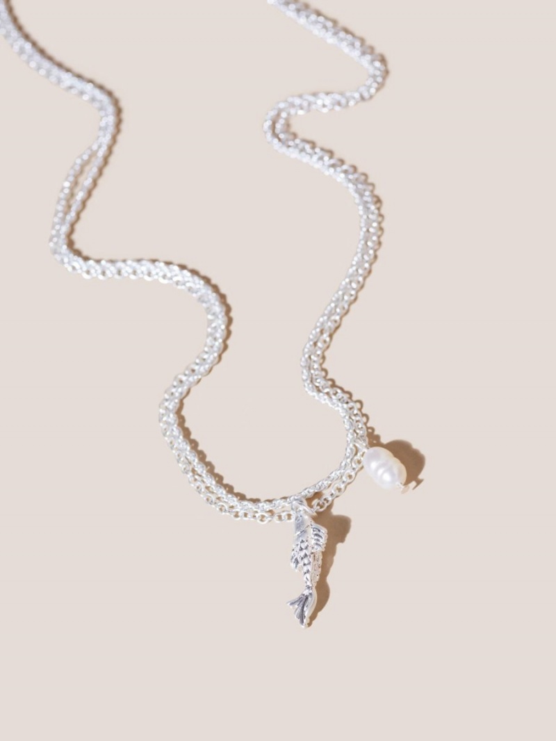 Silver Tone Metallic White Stuff Double Row Fish Pearl Necklace | 67309PMYN