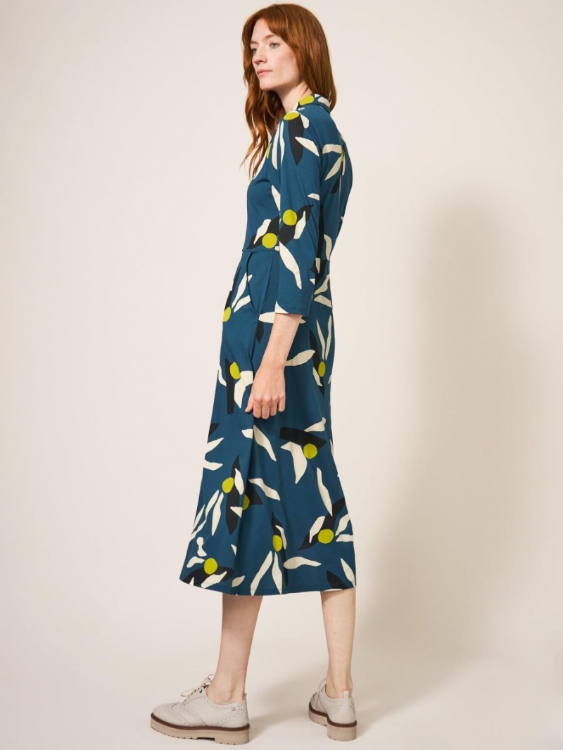 Teal Multi White Stuff Rua Printed Midi Dress | 12798TUBA